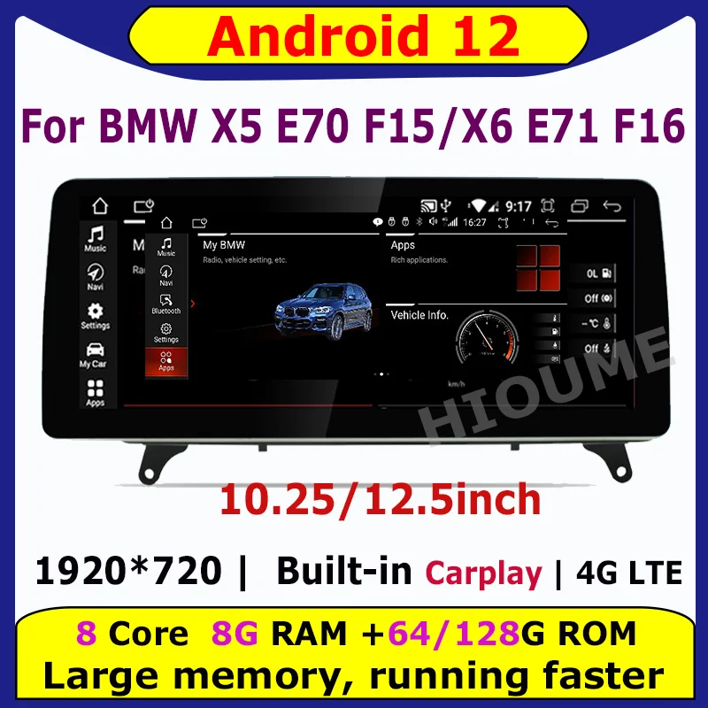 

10.25"/12.5" 8Core 8G+128G Android 12 Car Multimedia Player for BMW X5 E70 F15 / X6 E71 F16 2007-2017 Stereo CarPlay Video