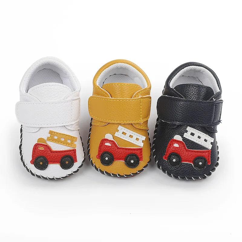 Newborn Baby Shoes Boy Girl Classic Leather Rubber Sole Anti-slip Toddler First Walkers Infant Cartoon engineering vehicle