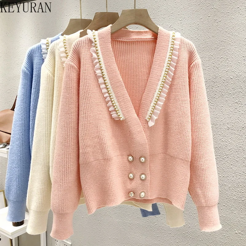 

V Neck Knitted Cardigan Sweater Women Autumn Vintage Sweet Ruffles Beading Sweaters Coat Female Long Sleeve Oversized Jumper Top