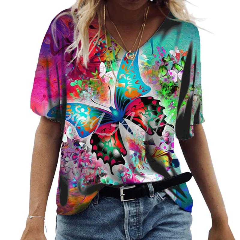 

Women Butterfly Printed Fashion T-Shirts New Summer V-Neck Loose Female Tees Short Sleeve Casual 3D Style Pattern Print T-Shirt