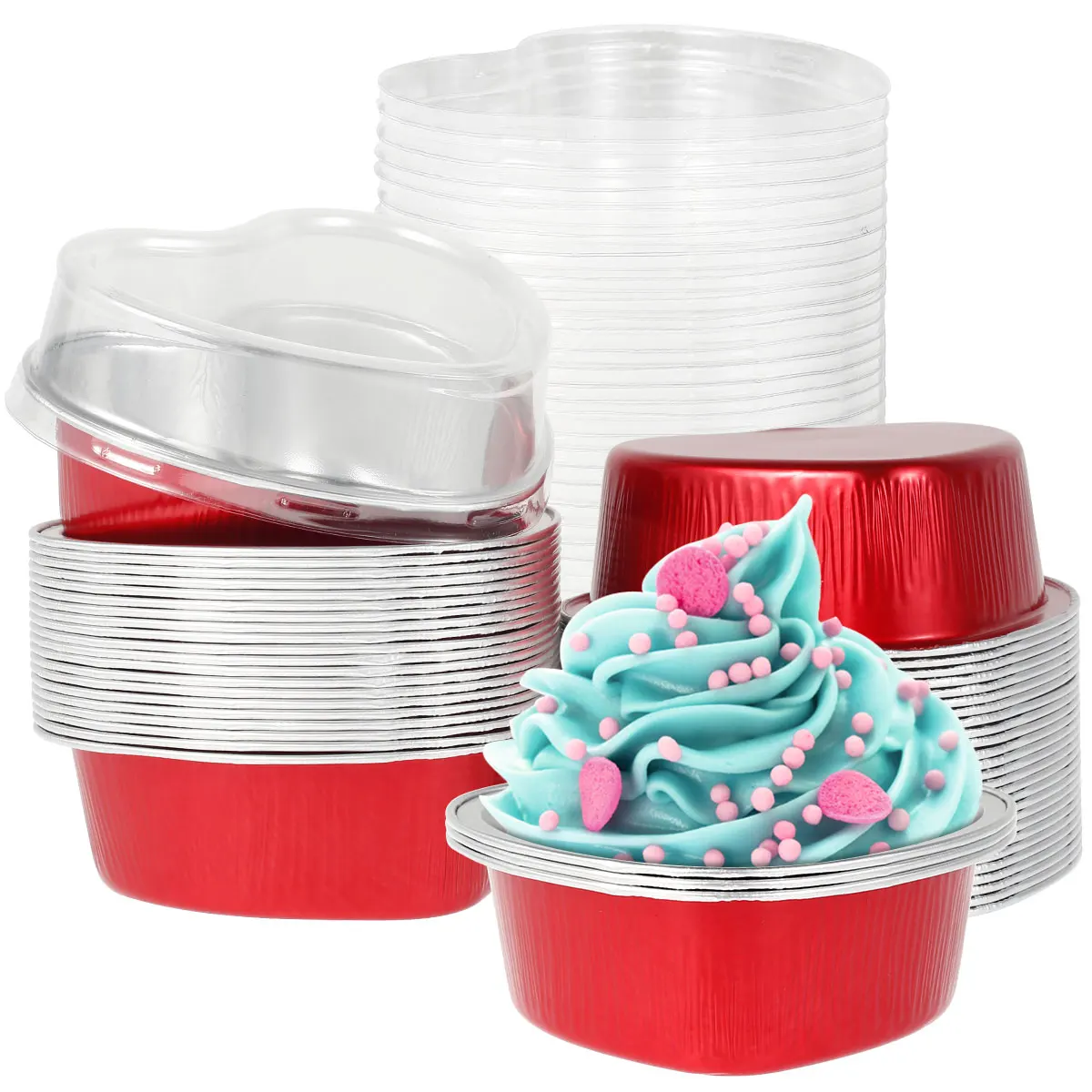 

Aluminum Foil Cake Pan 50Pcs Heat Shaped Baking Cake Foil Tray with Transparent Lid High Temperature Resistant Cupcake Cup