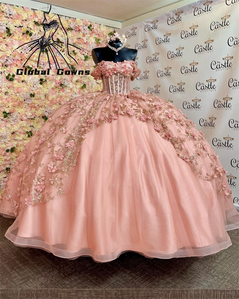 

Princess New Design Pink Sweetheart Ball Gown Quinceanera Dress For Girls Beaded Birthday Party Gowns 3D Flowers Prom Dresses