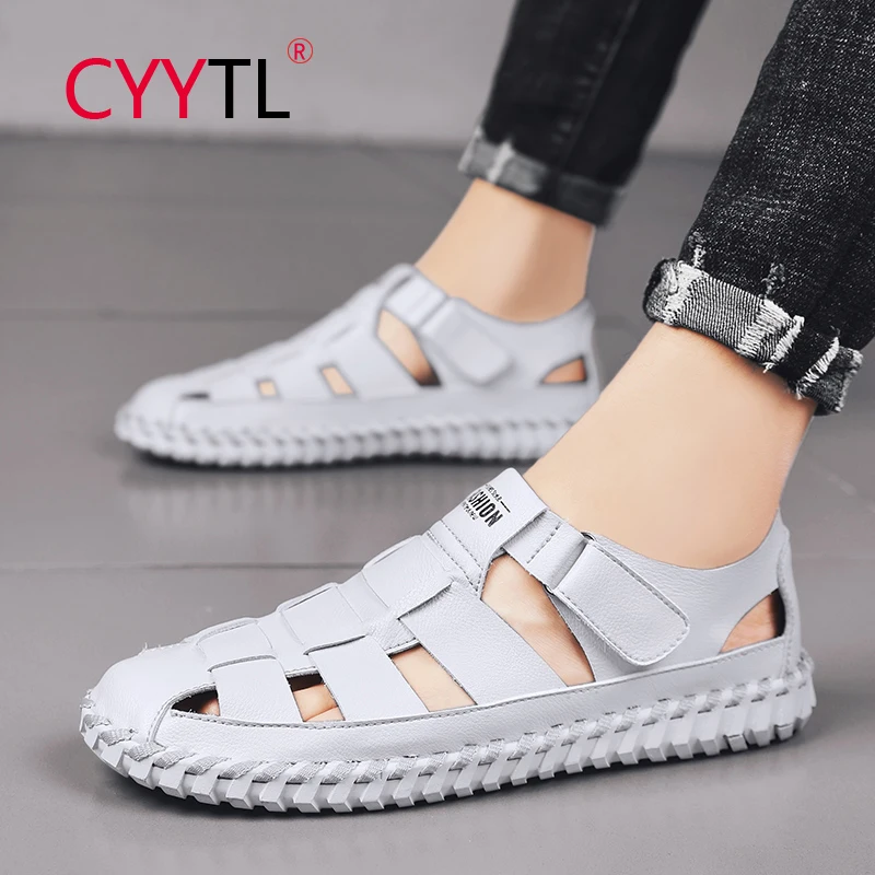 

CYYTL Men's Hollow Out Closed Toe Sandals Slip on Sport Summer Beach Shoes Outdoor Leather Hand Stitching Casual Sandalias