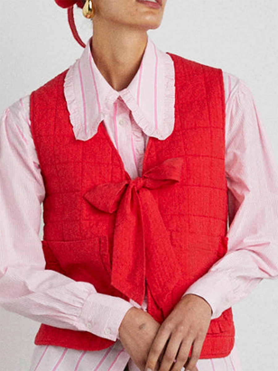 Женский легкий жилет с завязкой спереди однотонный клетчатый кардиган без