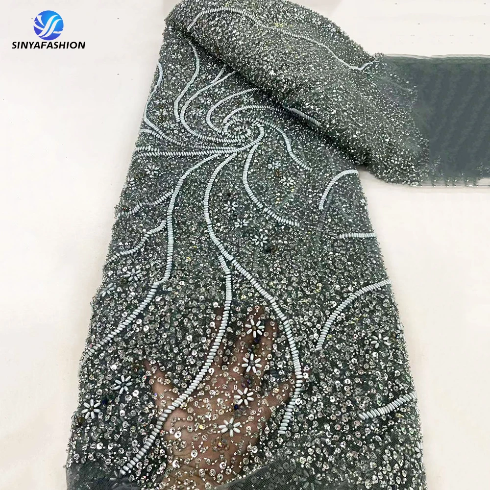 Голубая зеленая африканская блестящая французская Тюлевая кружевная ткань