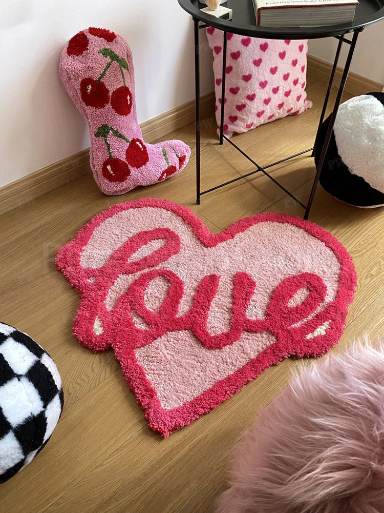 

Y2k Girl Bedroom Decorative Rug Cute Pink Love Living Room Carpet Flocking Alfombra Fluffy Soft Red Love Mat Tapete Tapis 러그 Y2k