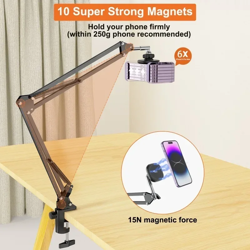 VRIG MG-09 Desktop Overhead Magnetic Phone Mount Stand Flexible Clip-on Tabletop for iPhone 15/14/13/12 Vlog Live