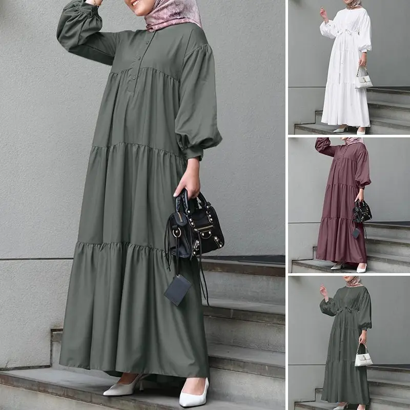 

Women's Fashion Muslim Robe Jilbab Abaya Solid Color Long Sleeve Ramadan Lady Dubai Turkish Islamic Dress Abayas