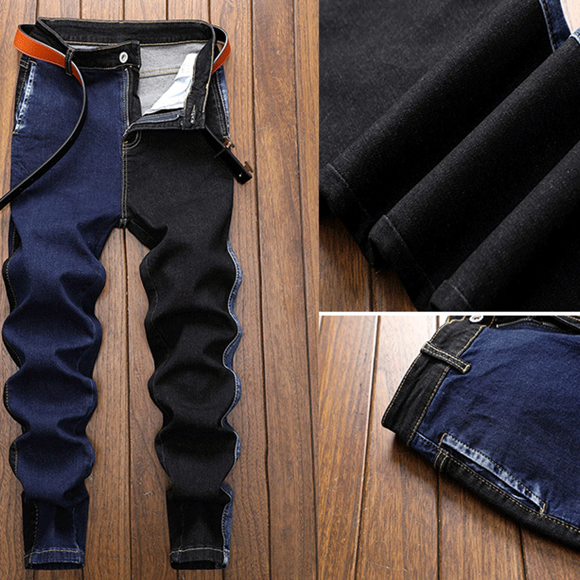 New Men Pants Slim Stretch Small Feet Jeans Personalized Black + Blue Color Matching High-Quality Jeans Daily Casual Sports Wear