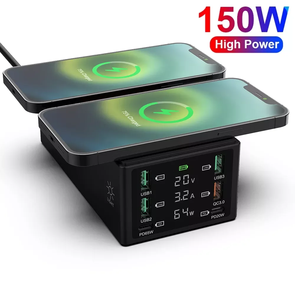 

2022 150W Multi USB Charger QC3.0 Fast Wireless Charger For iPhone 11 12 Pro Max PD 65W Charger Charging Dock Station For