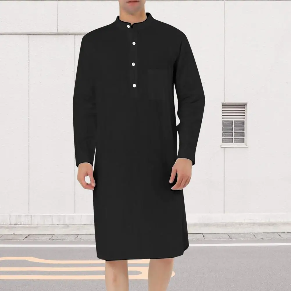

Lightweight Men Shirt Robe Stylish Men's Knee Length Shirt Stand Collar Long Sleeve Patch Pocket for Spring Fall Fashion Stand