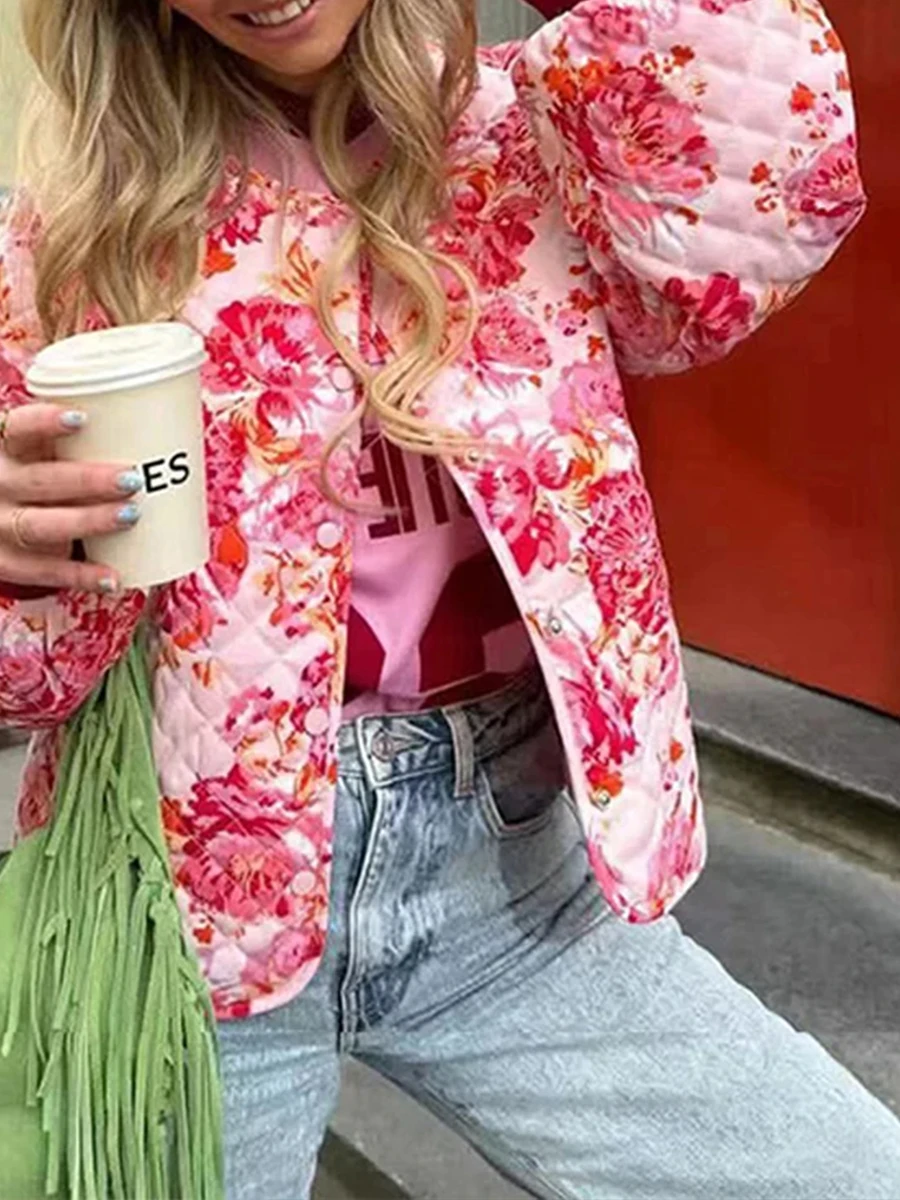 Женская Стеганая куртка на пуговицах Легкий Повседневный Кардиган с цветочным