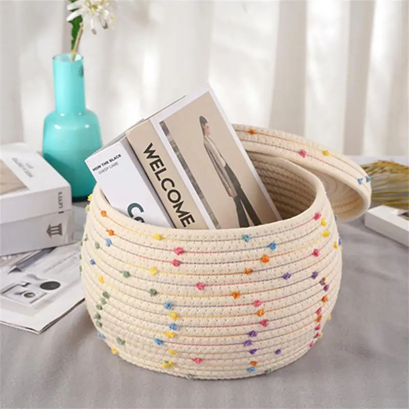 

Sundries Sorting Egg Basket Color Round With Lid Sundry Sorting Basket New Cotton Rope Simple And Generous Cover Storage Basket