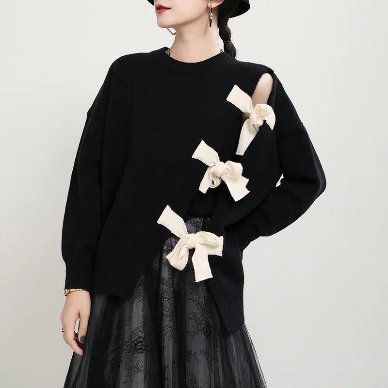 

Hollow out Pullover Sweater women's 2021 autumn winter new design sense minority top loose Korean medium length sweater