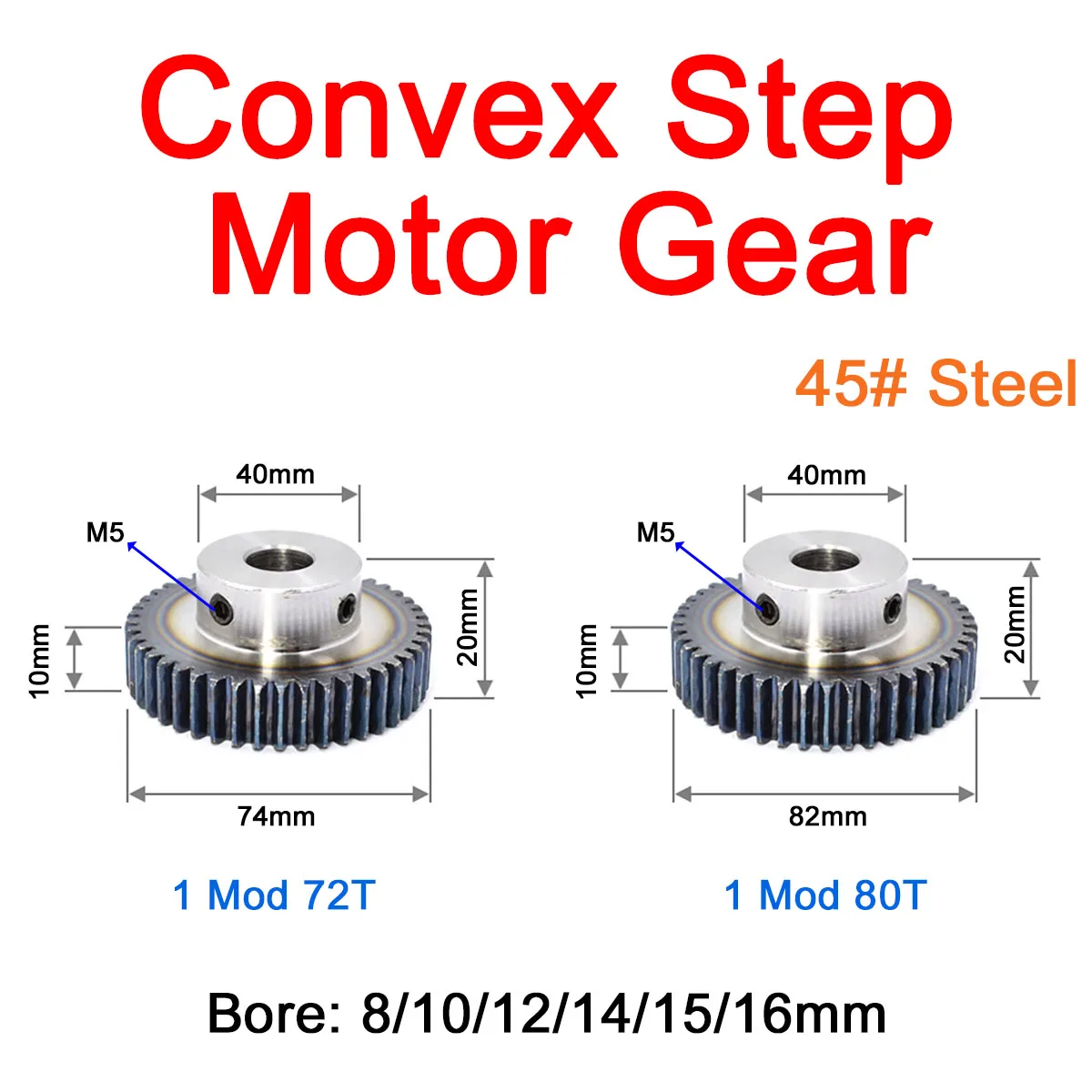 

1Pc 1Mod 72 Tooth/1Mod 80 Tooth Convex Step Motor Gear Spur Gear Carbon Steel Bore 8mm/10mm/12mm/14mm/15mm/16mm Top Thread M5