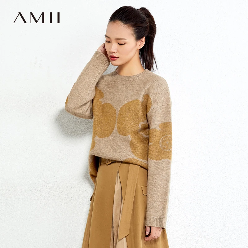 

Amii Minimalism Autumn Sweater Women Fashion Oneck Contrast Knitted Tops Casual Loose Winter Pullover Female Sweaters 62070037