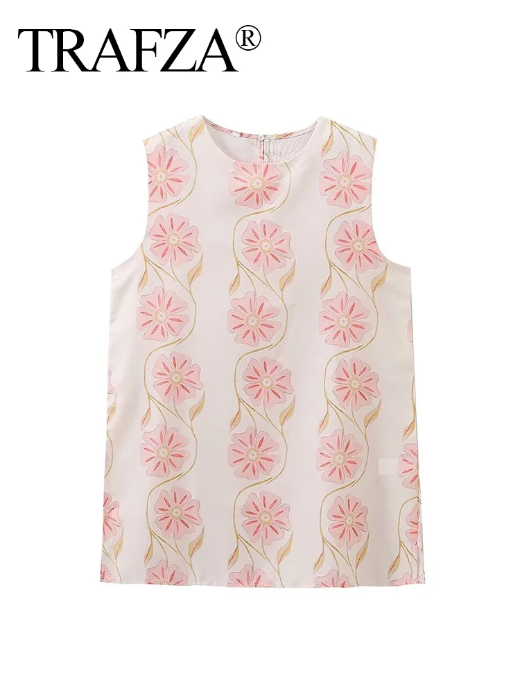 Женское короткое платье с круглым вырезом и цветочным принтом в стиле ретро