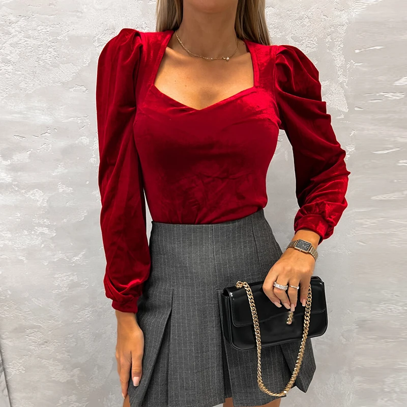 

Fashion Hollow Square Neck Slim Fit Velvet Tops Elegant Solid Long Sleeve Party Shirts Spring 2023 Office Commute Lady Pullover