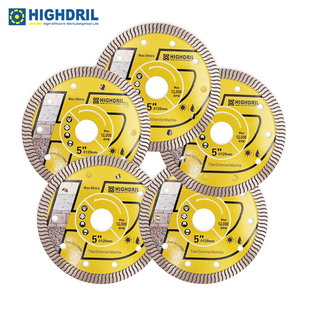 HIGHDRIL 5pcs Diamond Blades Superthin Cutting Disc For Ceramic Tile Porcelain Masonry Dia125mm/5inch Circular Saw Blades