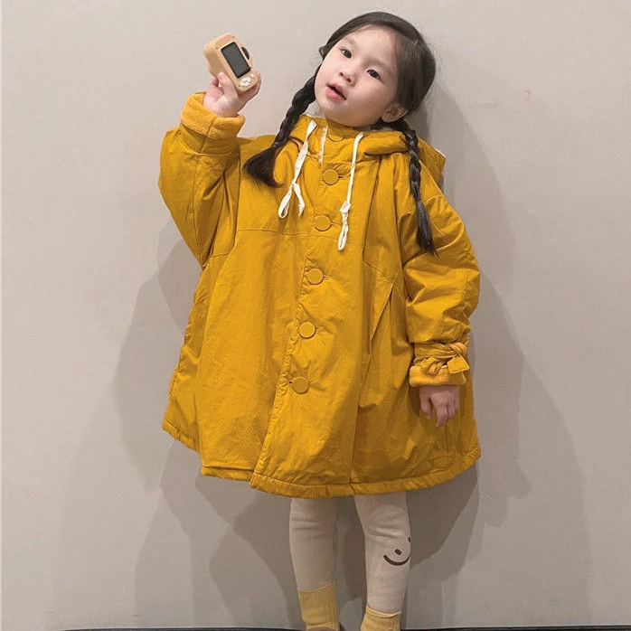 

Детское пальто для девочек, зимняя ветровка с капюшоном, однотонное повседневное пальто для малышей, плотное пальто средней длины, детское хлопковое пальто 2023