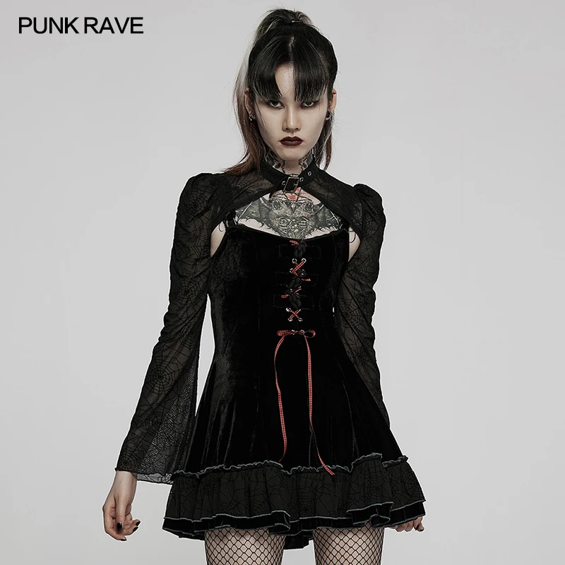 PUNK RAVE Women's Gothic Two-piece Velvet and Spider Splice Dress Girls Short Coat Sexy Black Slip Dress Spring/Autumn