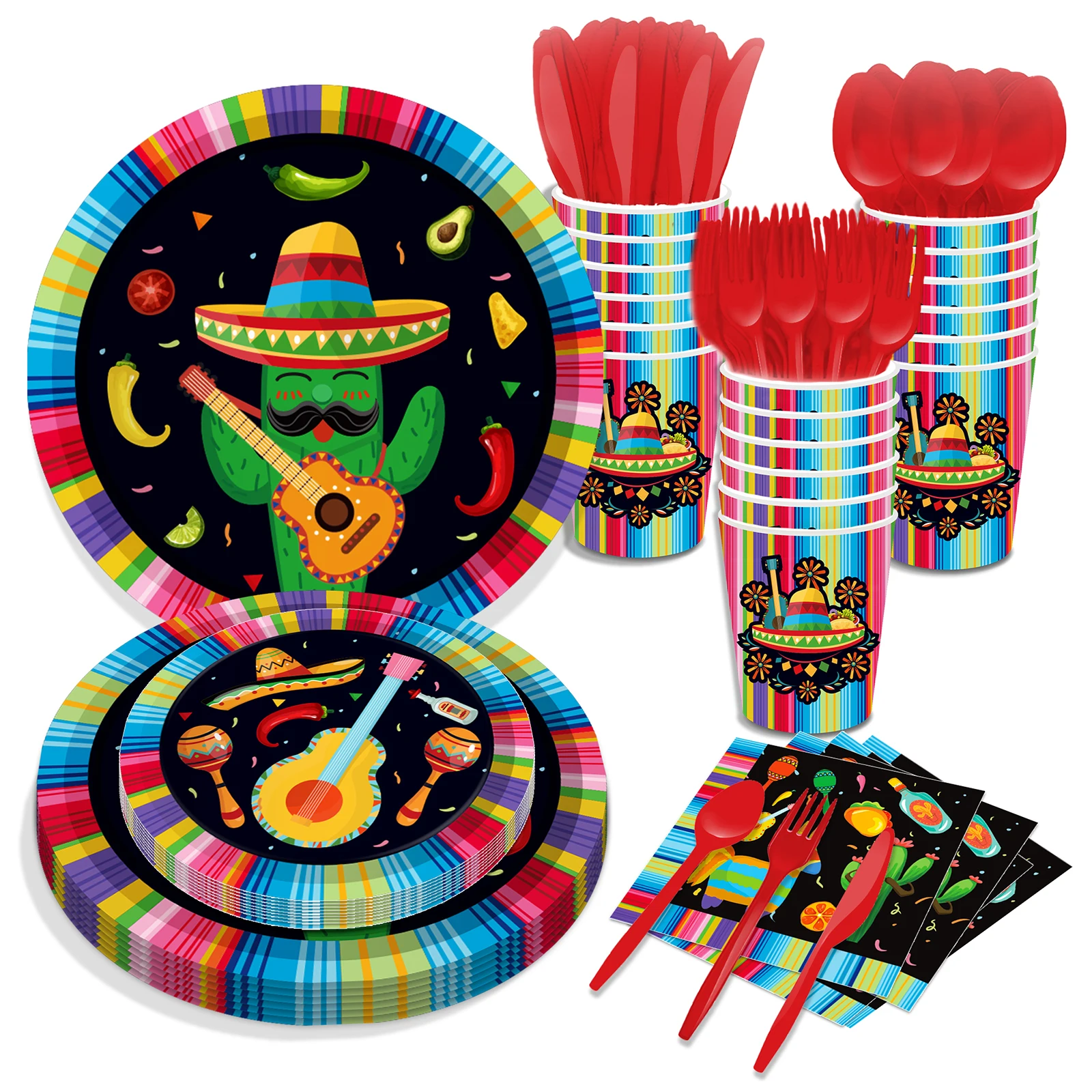 

Mexico Cinco De Mayo Birthday Disposable Tableware Sets Cartoon Pepper Cactus Paper Plates Cups Napkins Baby Shower Party Decor
