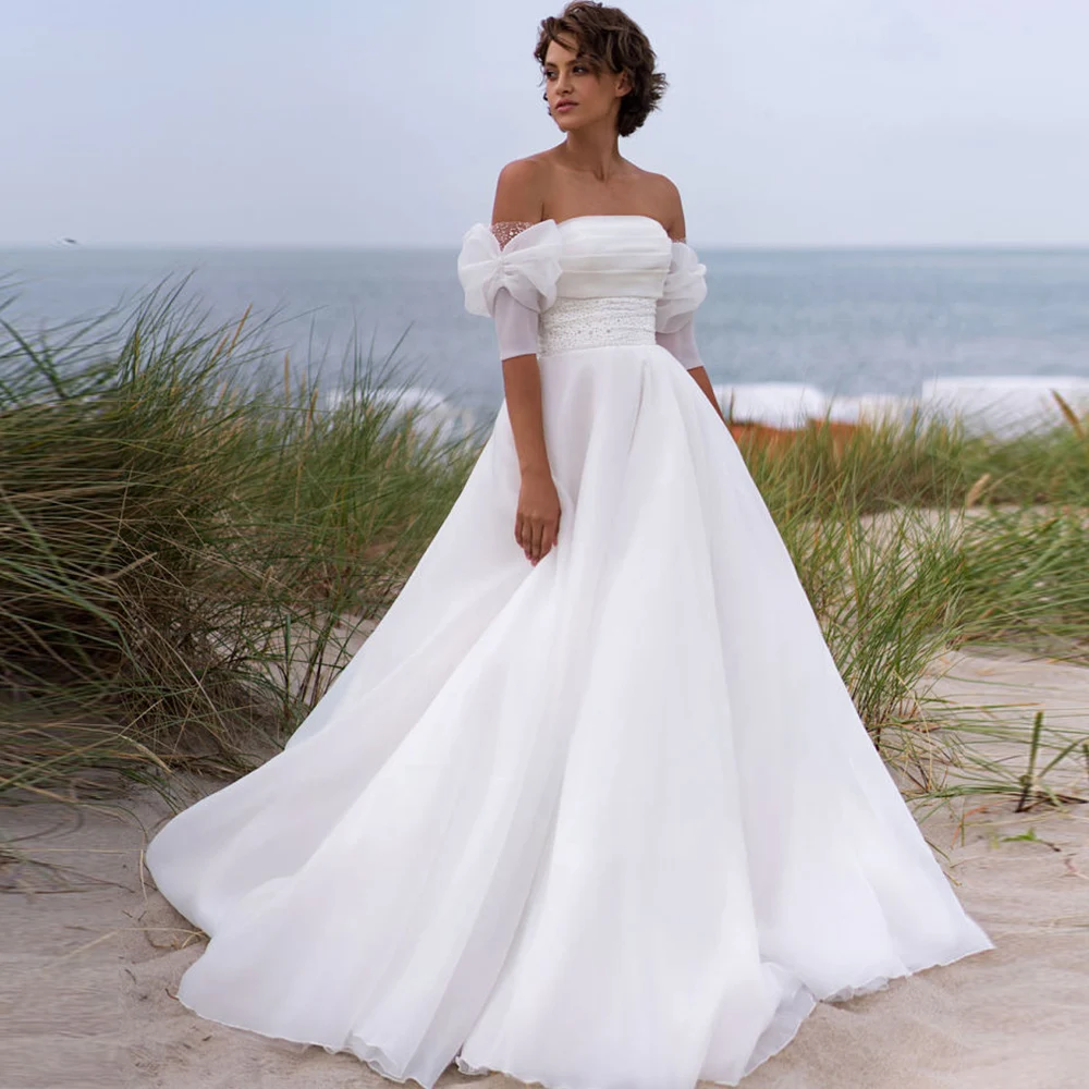 

A-Line Wedding Dresses For Bride 2022 Boat Neck Backless Pearls Bridal Gowns Bohemian Simple Pleat Chiffon Vestido De Noiva