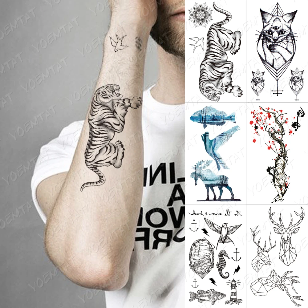 

Водостойкая Временная тату-наклейка, тигр, волк, олень, ласточка, животное, маленький размер, искусственная татуировка для мужчин, женщин, де...