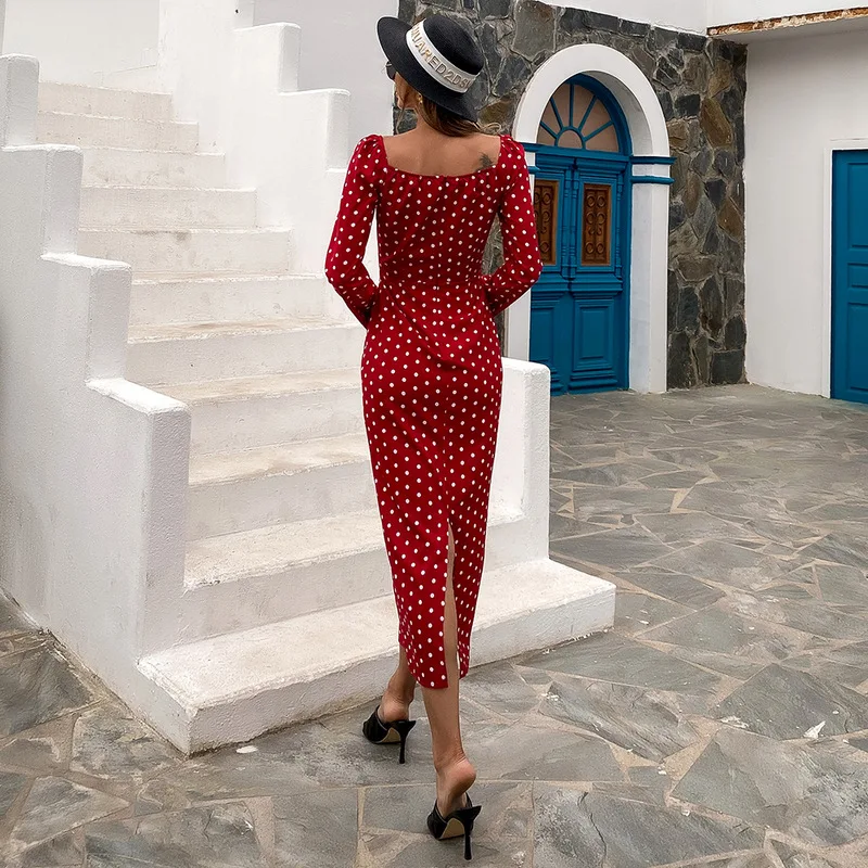 Deep V Low Cut Bodycon Midi Dress Vintage Women Polka Dot Sheath Dress Office Lady Skinny Long Sleeve Dress Autumn Spring M0671