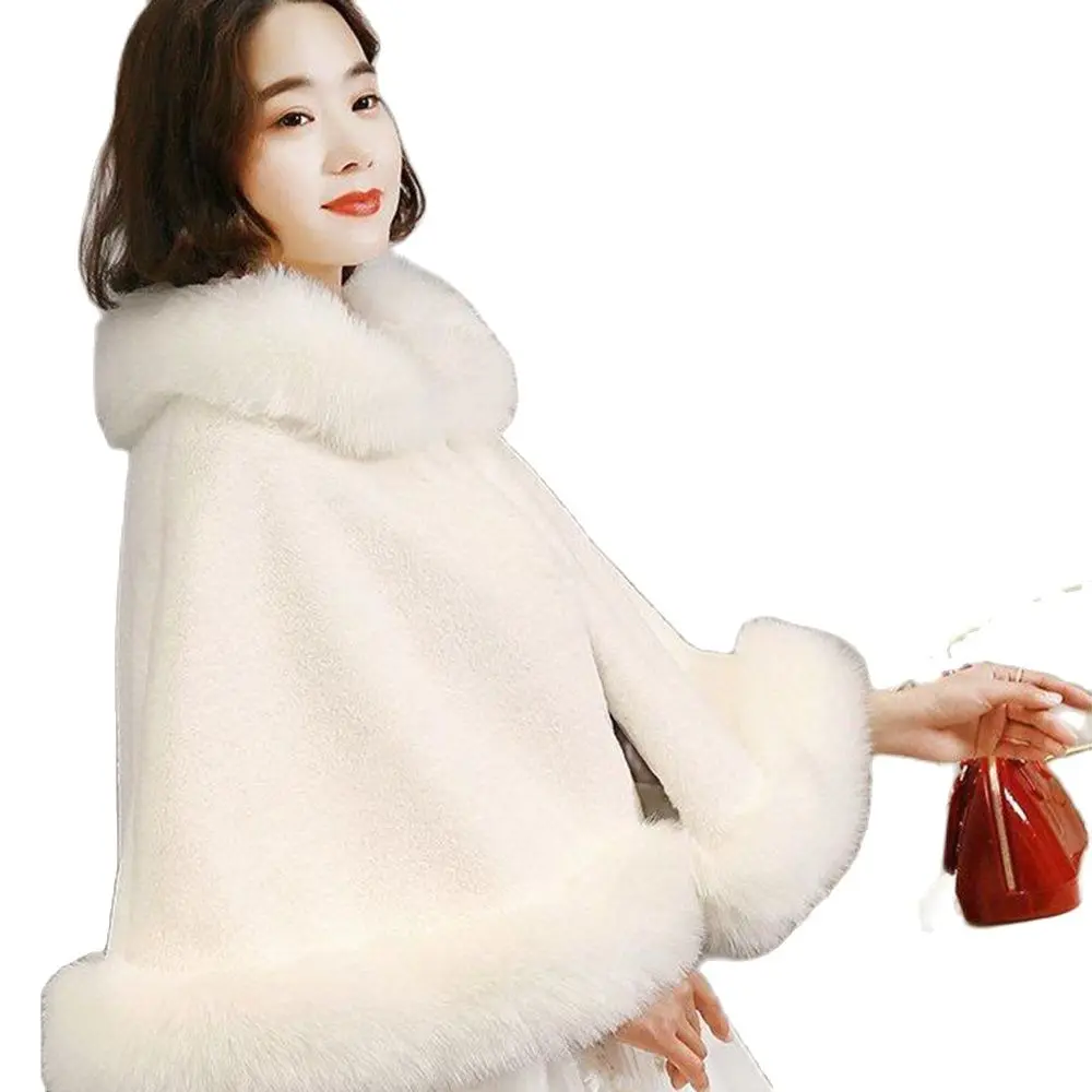 Women Hooded Capes Cloak Winter Thick Warm Hoodie Fur Shawl White Red Black Wedding Dress Bride Fur Cape Ponchos Thicken
