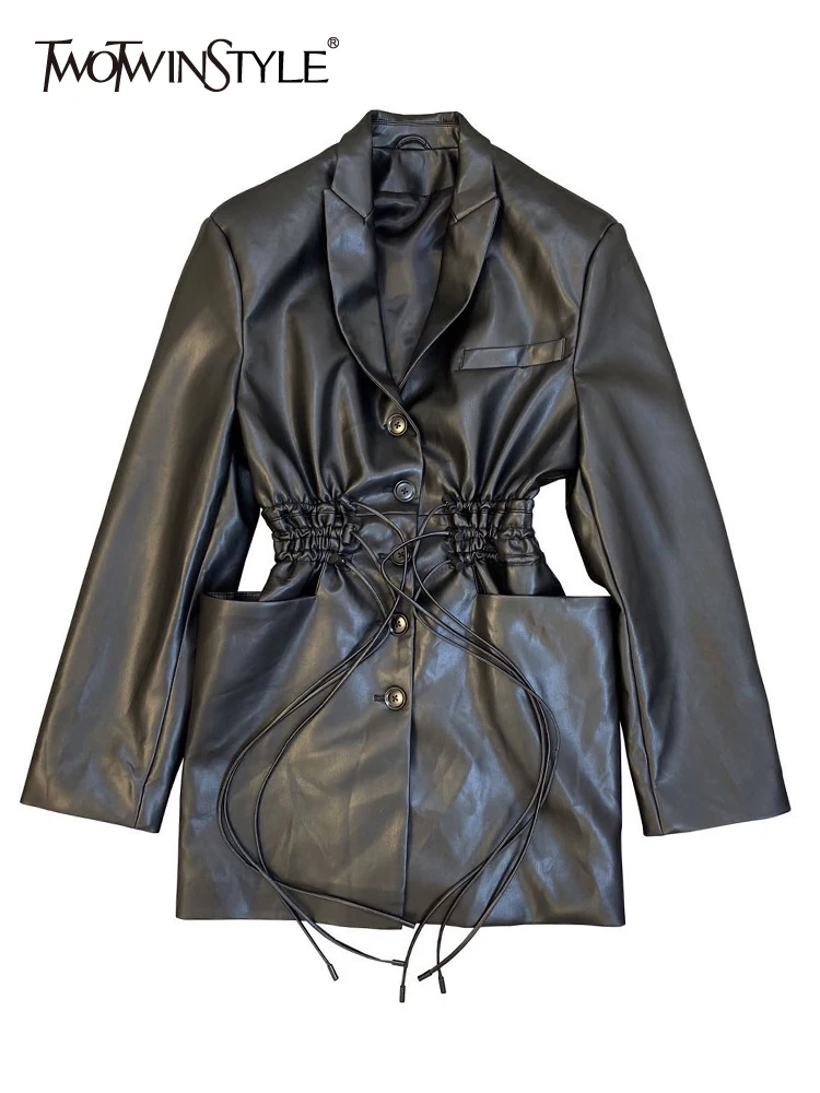 

TWOTWINSTYLE Black PU Leather Jacket For Women Notched Collar Long Sleeve Bandage Vintage Coats Female Korean Fashion Clothing