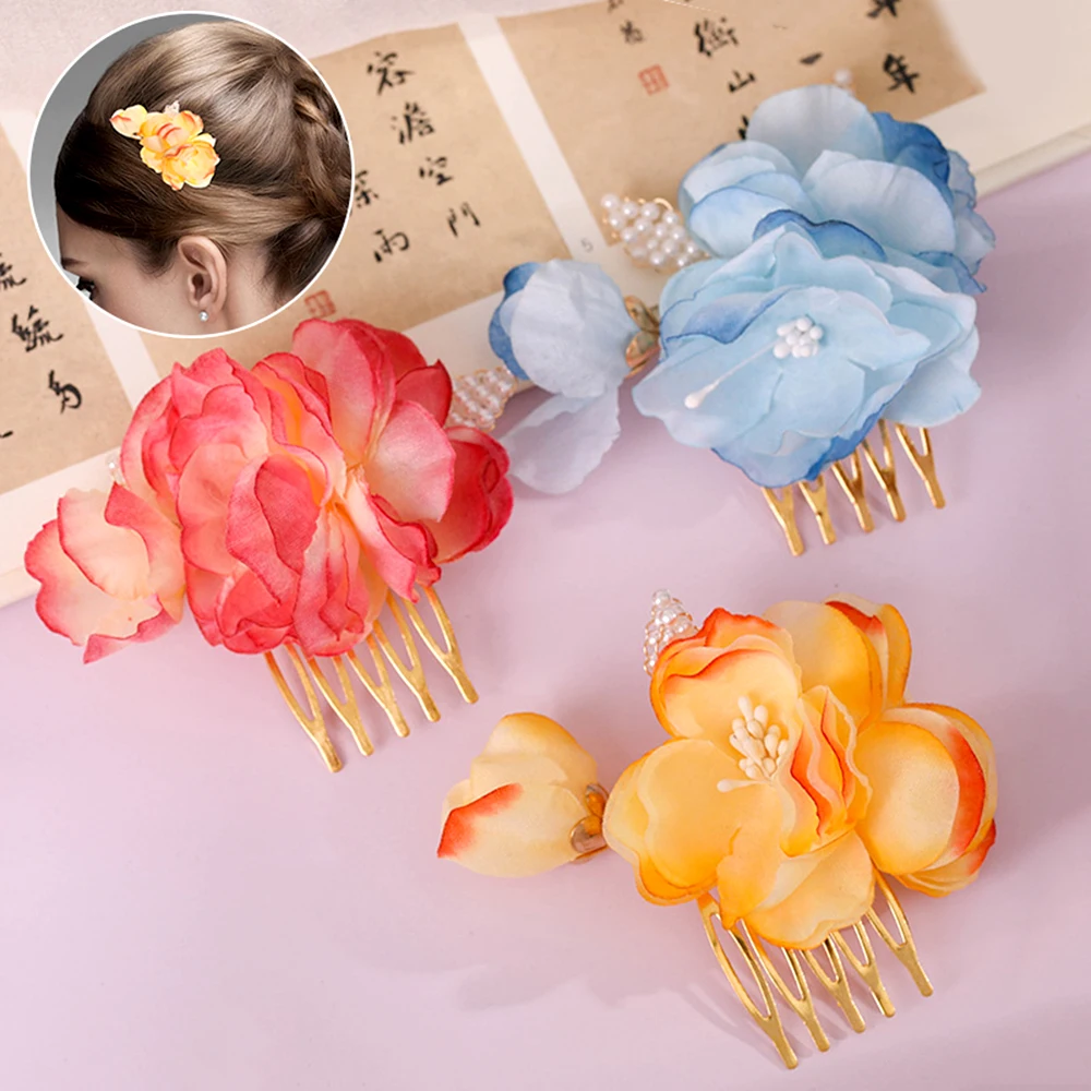 

Bloom Cloth Flower Hair Comb Pearl Beaded Flower Metal Haircomb Women Wedding Proms Dating Hair Jewelry Cloth Flower Hair Comb