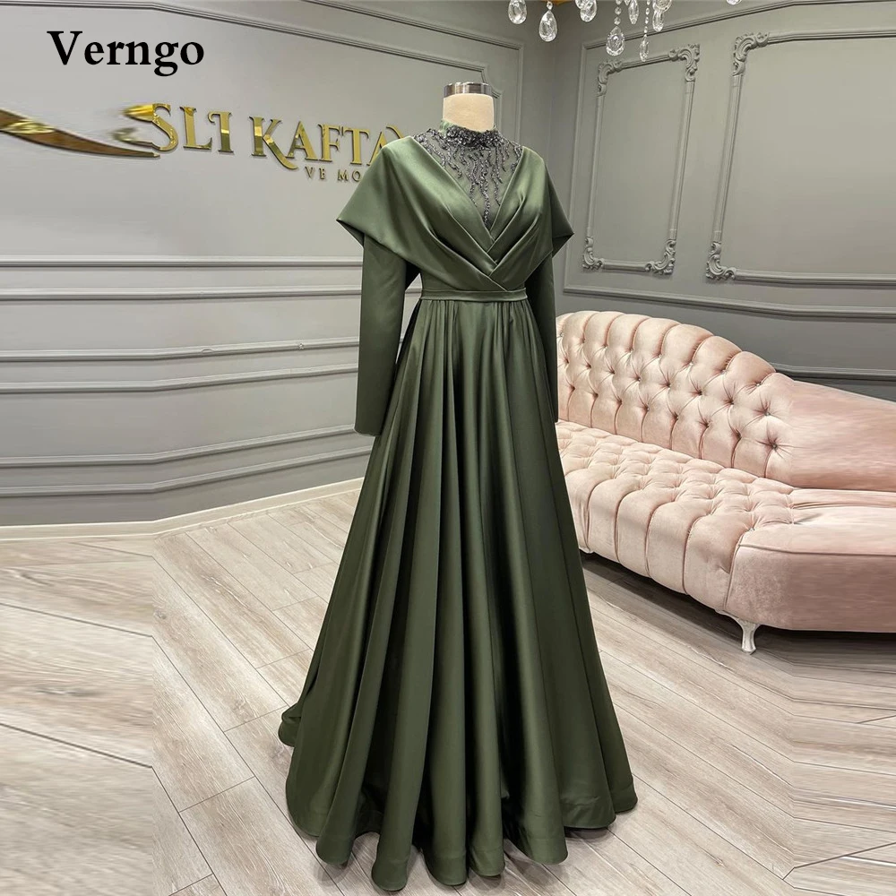 

Verngo Modest Dark Green Satin Evening Dresses High Neck Beads Long Sleeves Arabic Dubai Women Formal Prom Gowns Robe de soiree