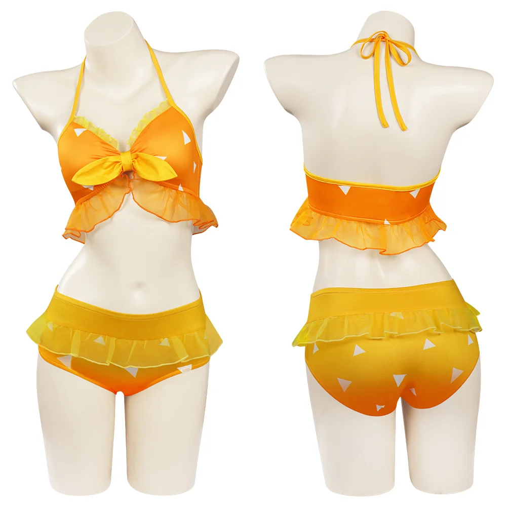 

Adult Women Demon Slayer Agatsuma Zenitsu Swimsuit Cosplay Costume Two-Piece Bikini Swimwear Outfits Halloween Carnival Suit