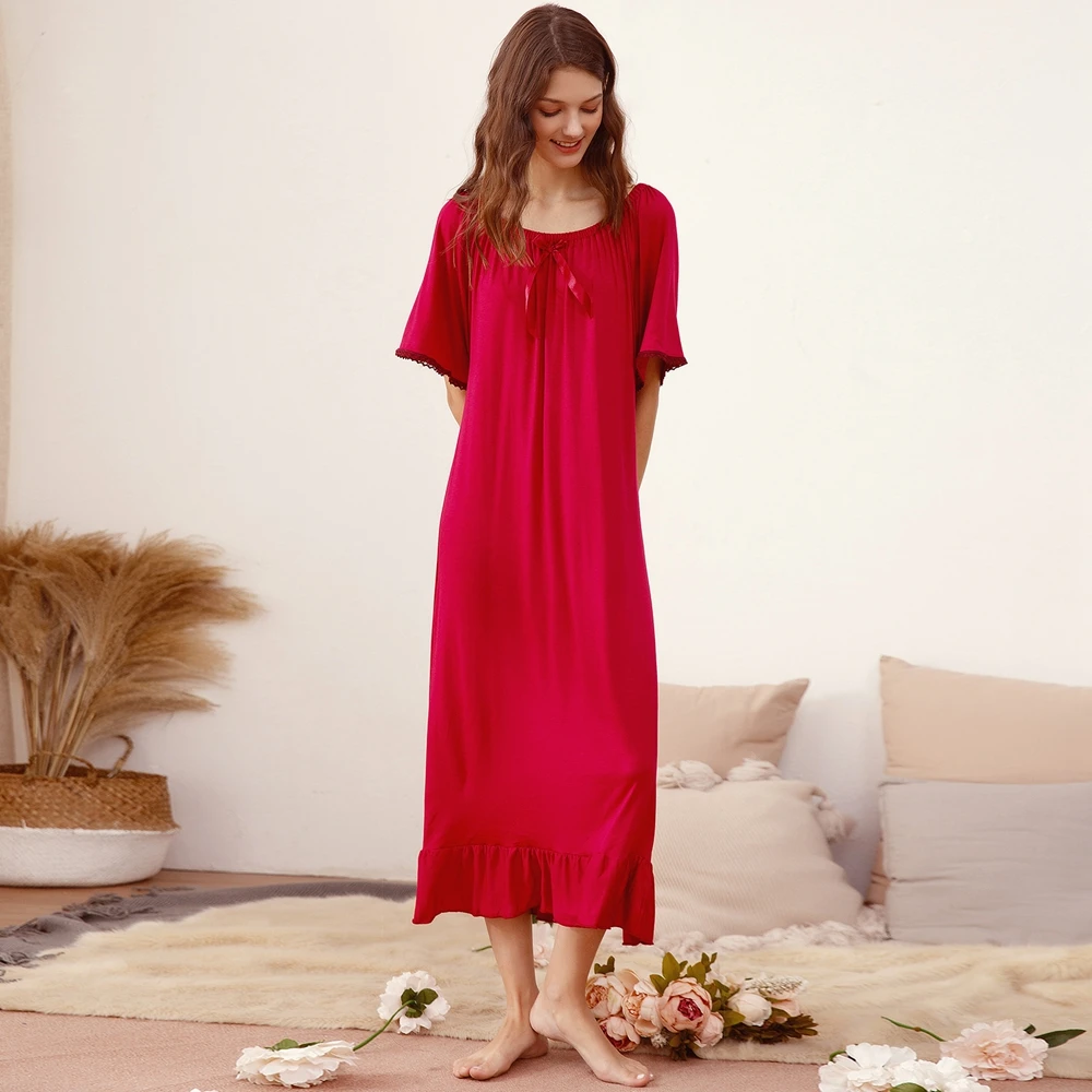 

Summer Women's Short-sleeved Nightdress Solid Color Nightgown Loose Pajamas Large Size Dress Long Nighties