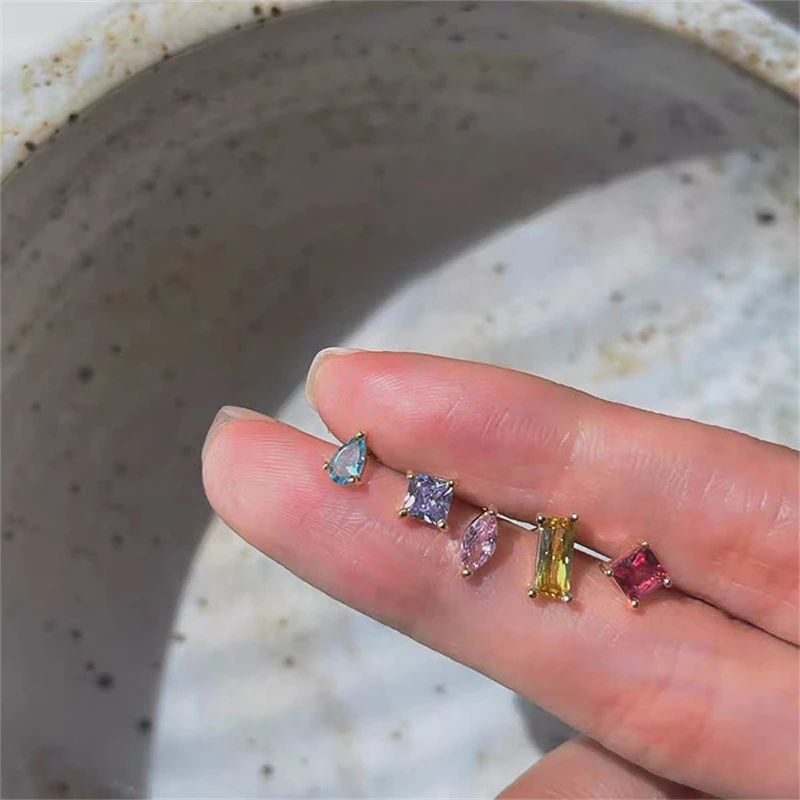 

Ailodo 5 Pcs/Set Cubic Zirconia Stud Earrings For Women Korean Fashion Multicolor Geometric Earrings Party Wedding Jewelry Gift
