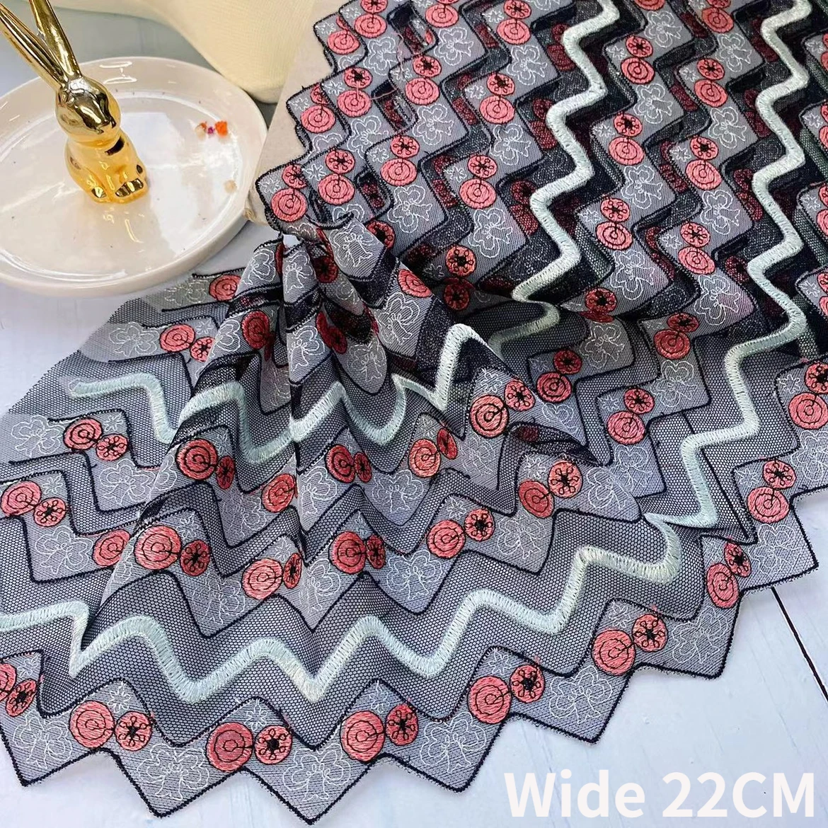 

22CM Wide Exquisite Black Embroidery Tulle Mesh Lace Applique Trim Dress Cheongsam Scarf DIY Cloth Crafts Sewing Apparel Fabric
