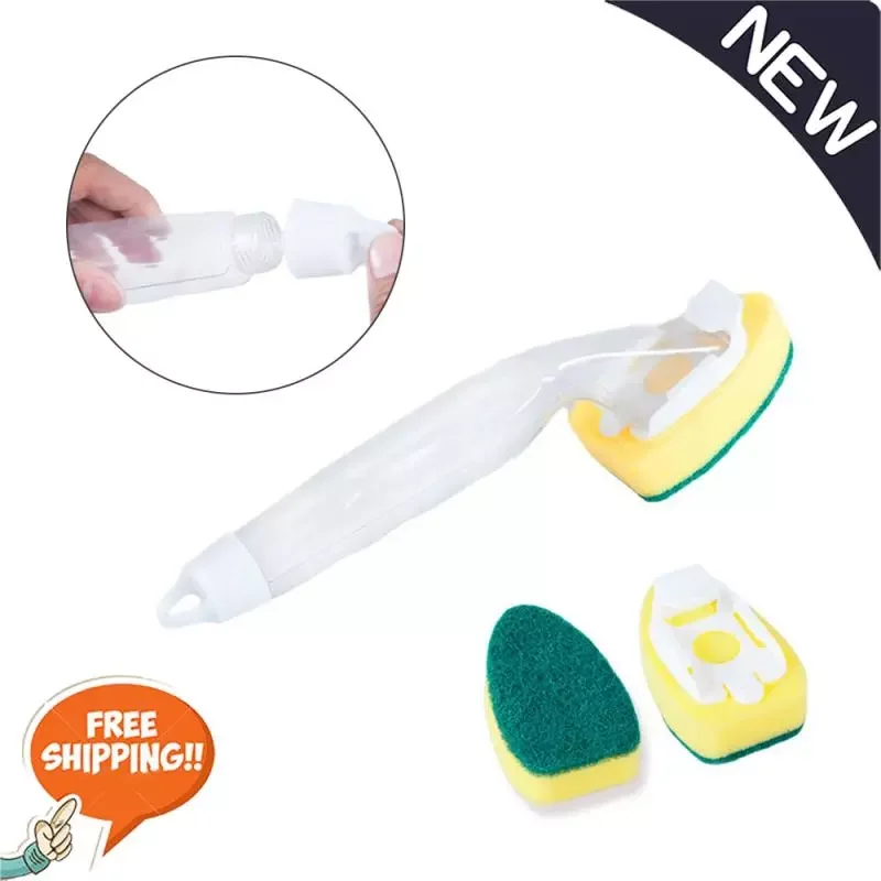 

2023NEW Cleaning Brush With Refill Liquid Handle Scouring Pad Sponge Brush Dispenser Dish Scrubber Home Washing Tool