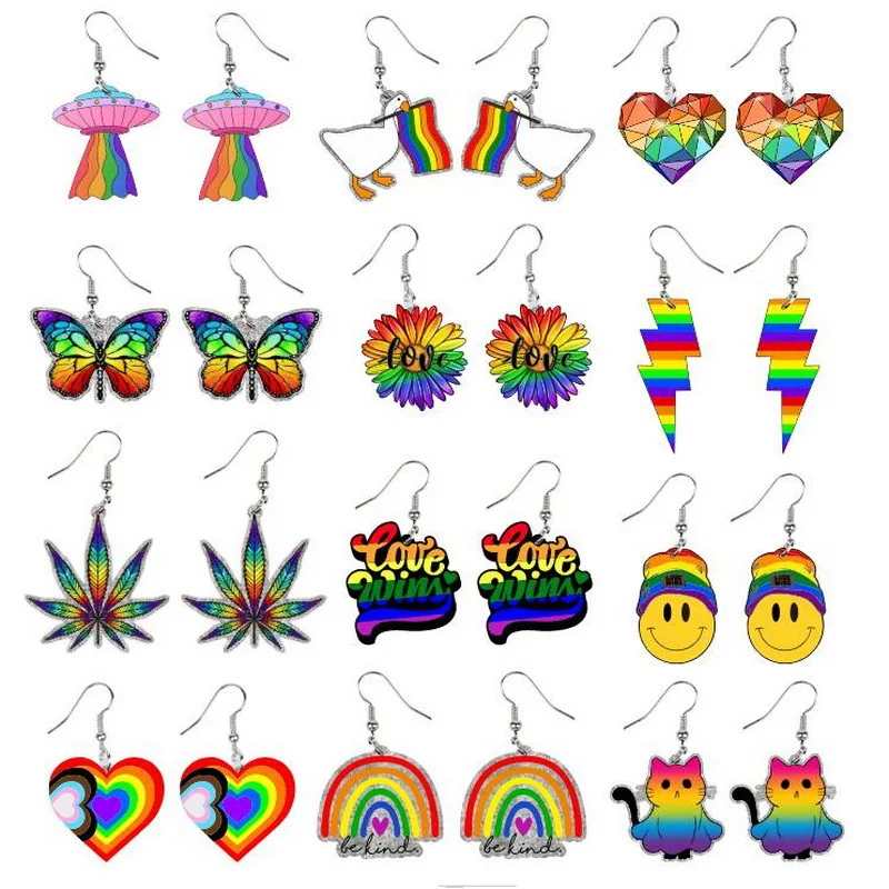 

Acrylic Seven-color Rainbow Stripes Lightning Heart Butterfly Sunflower Earrings For Women Geometric Animal Fashion Jewelry