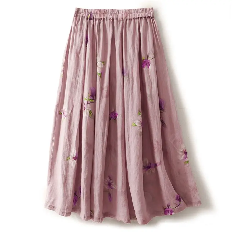 Юбка женская из хлопка и льна свободная Мягкая Повседневная с цветочным принтом