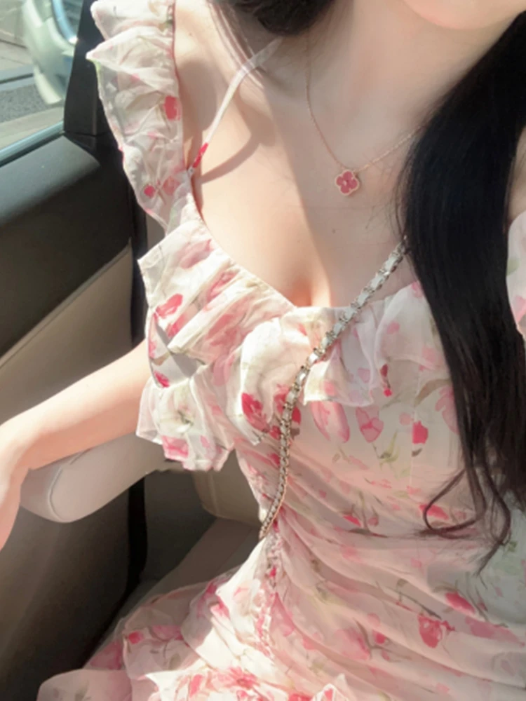 

Women's Pink Floral Edible Tree Fungus Suspender Dress Summer New Sweet Patchwork Design Female Mid Length Pleated Ruffle Skirt