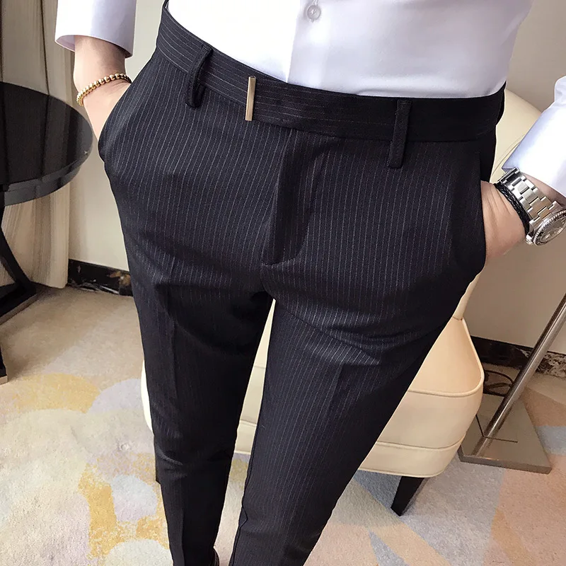 

Fashion Striped Suit Pant Men Elegant Slim Fit Tight-ankle Trousers Pants Men Office Party Business Slim Fit Dress Trousers 36