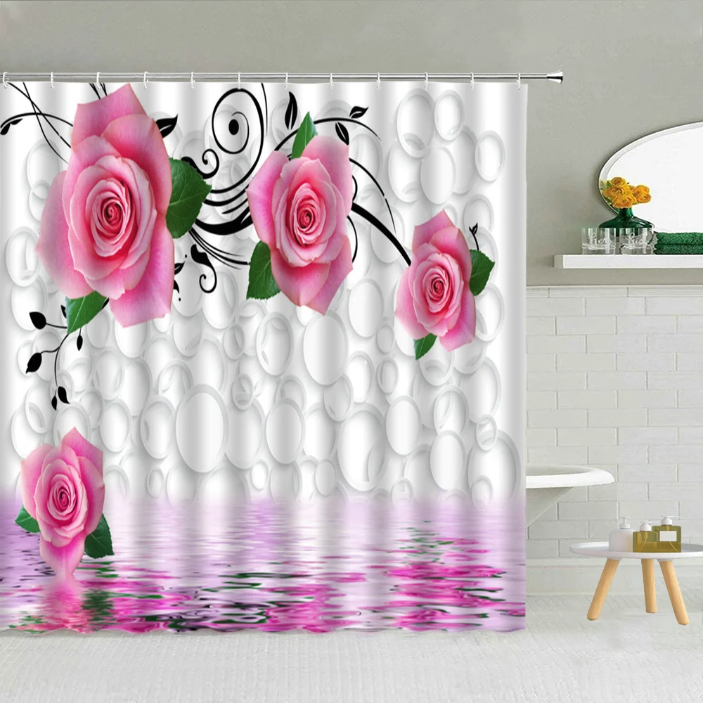 

Shower Curtain Red Rose Peony Green Leaves Printing Bathroom Curtains Spring Beautiful Flower Pattern Bathroom Decoration