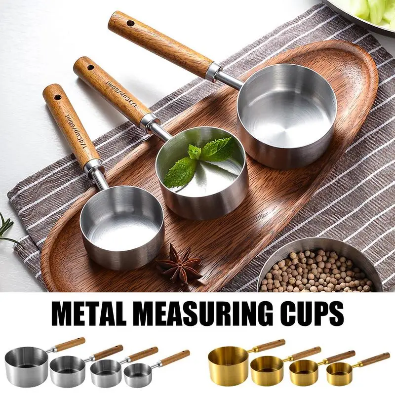 

Measuring Cups Set 4pcs Stackable Metal Spoons With Wood Handle Stainless Steel Baking Tools For Kitchen Food Measurement Gadget