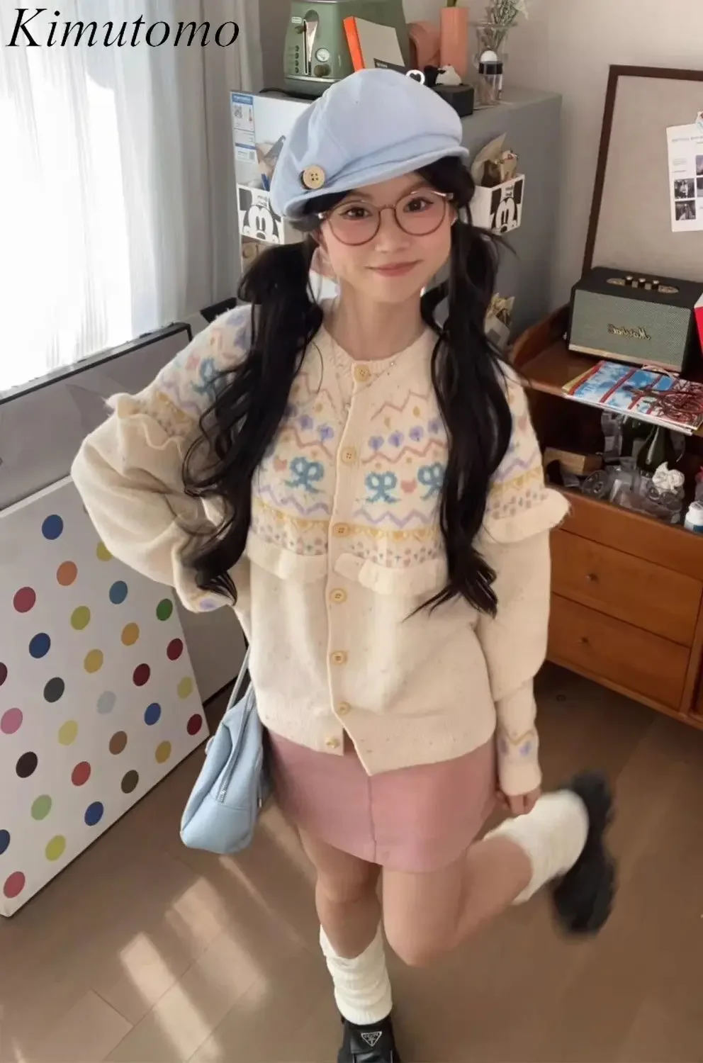 Kimutomo шикарный узор жаккардовый розовый кардиган женский винтажный вязаный с