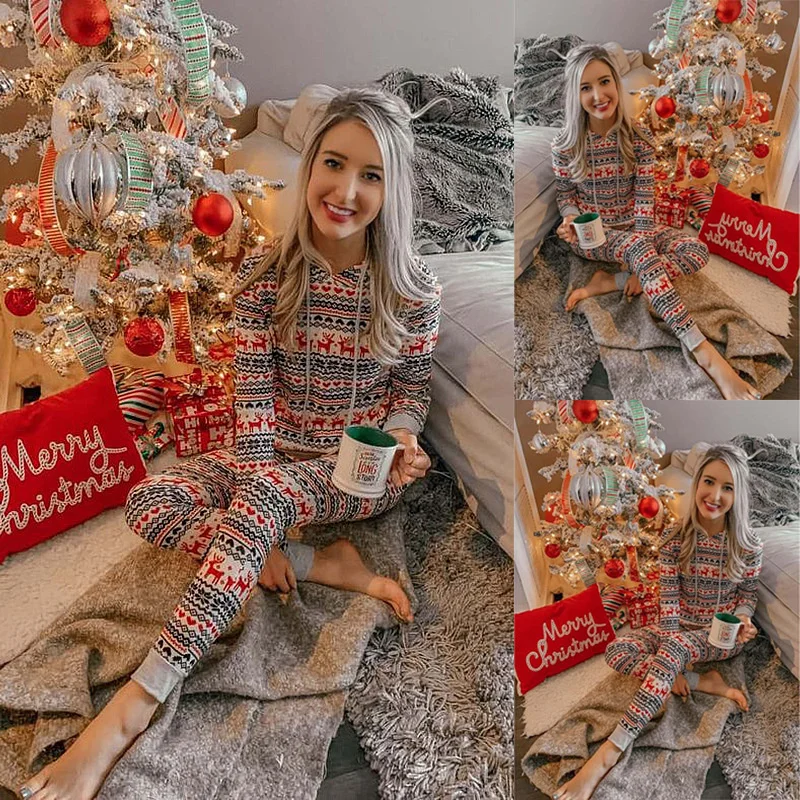 

Autumn and winter 2022 new listing women's reindeer Print Long Sleeve hooded casual Christmas suit 2 peice set women matching