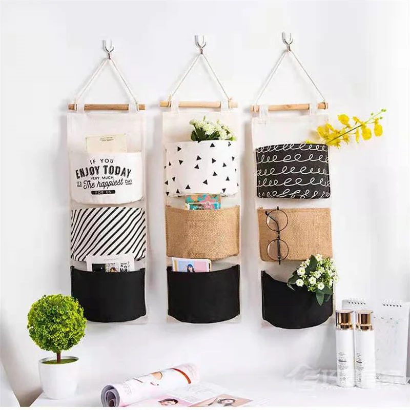 

3 Pockets Wall Storage Bags Cotton Linen Wardrobe Closet Door Hanging Organizer Pouches Sundries Pocket With Transparent Hooks