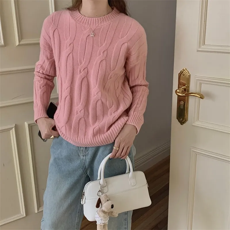 FINEWORDS винтажный зимний вязаный свитер с круглым вырезом женский корейский