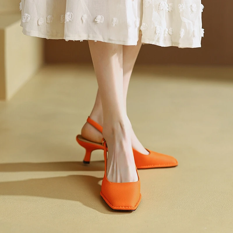 

2022 Summer Women Shoes Split Leather Shoes Women Cover Toe Thin Heel Sandals for Women Solid Slingback Square Toe Women Shoes