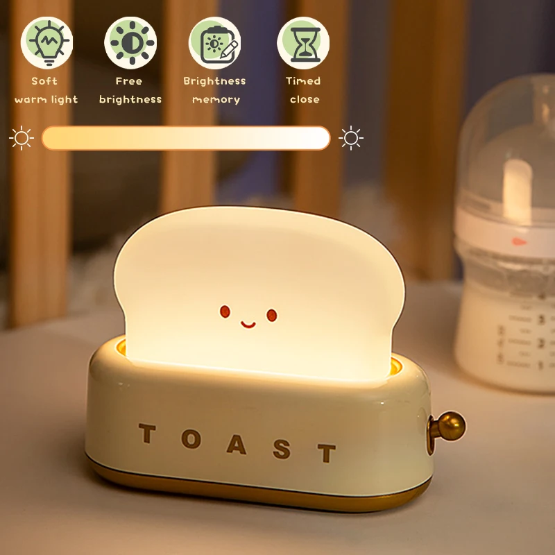Cute LED Bread Maker Night Light USB Recharge Dimming Toast Lamp Bedroom Timing Sleeping Lights Creative Children Birthday Gift